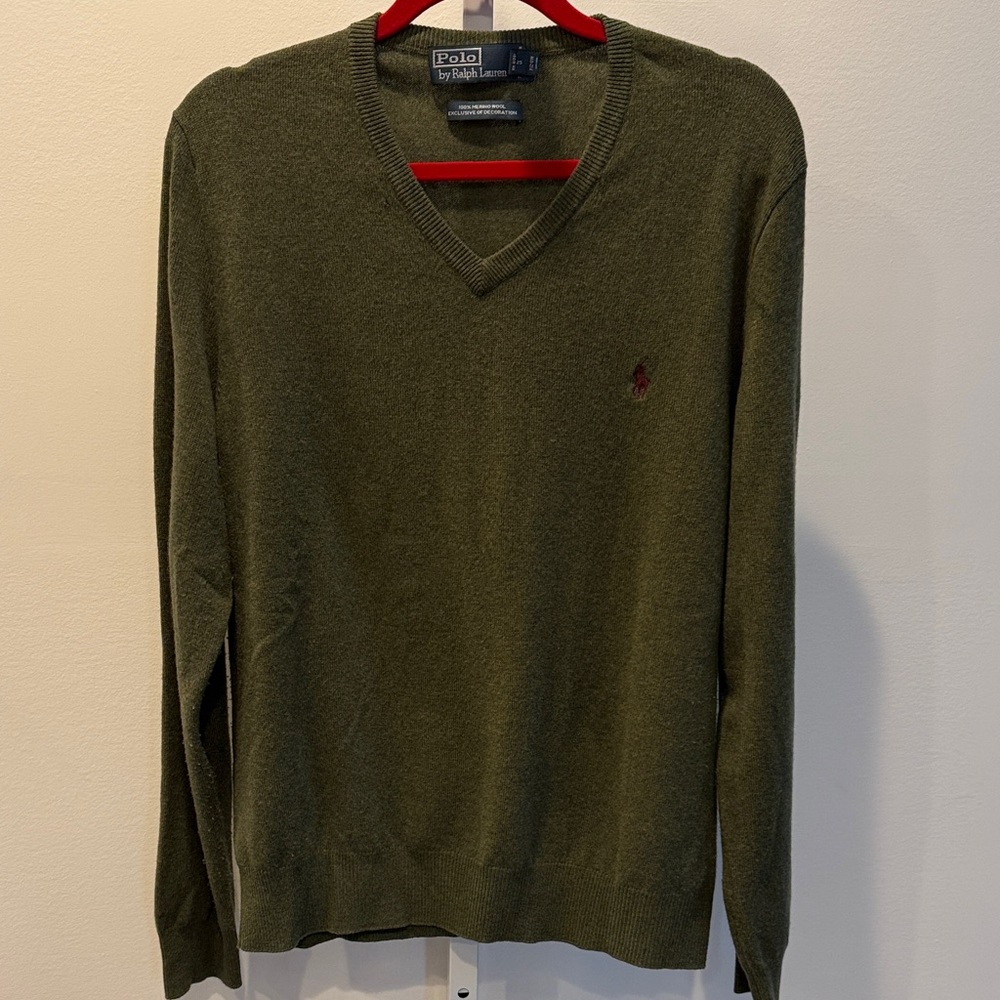 Polo Ralph Lauren V-Neck Sweater Men’s L Olive Merino Wool Vintage Y2K